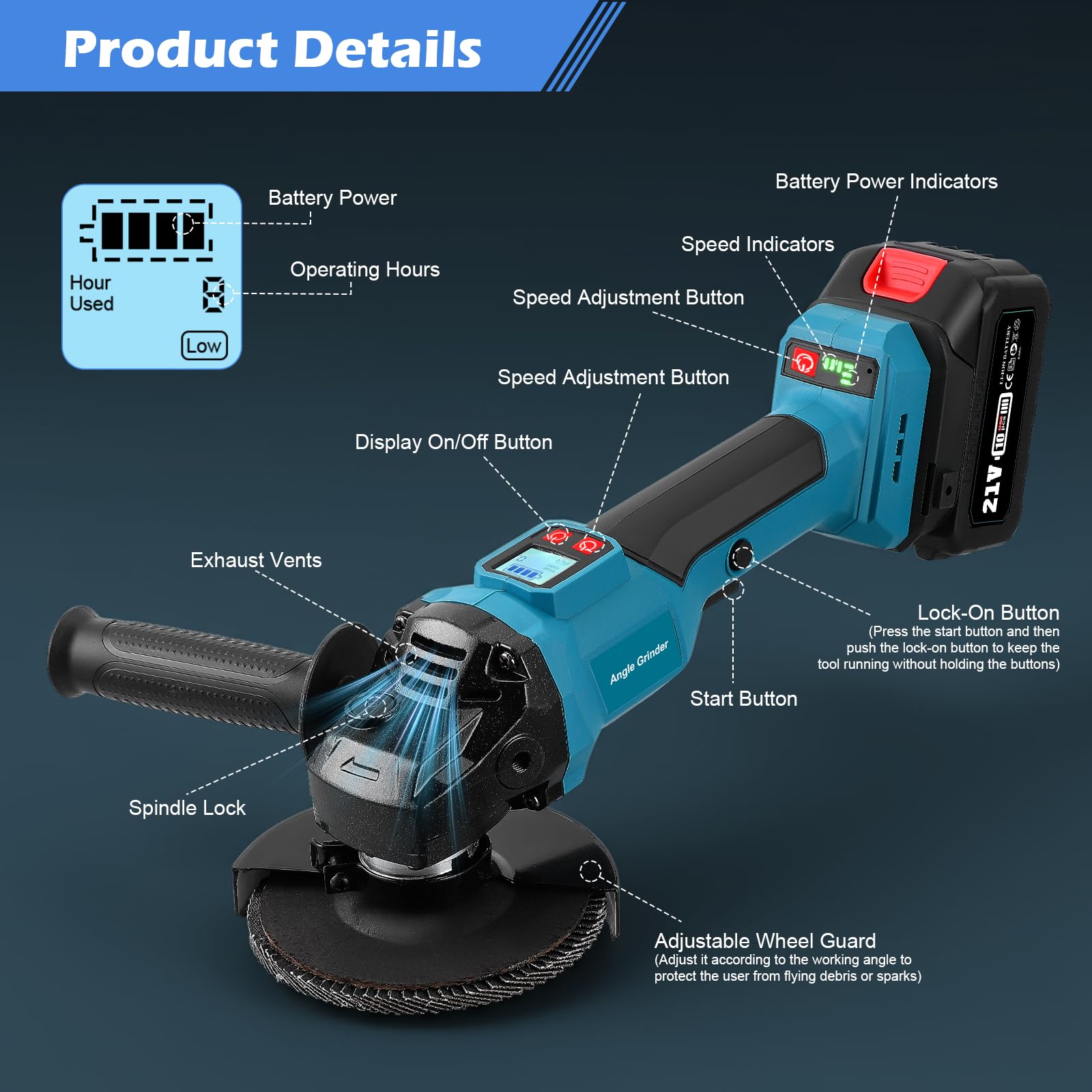 Smerigliatrice angolare a batteria Trsaow con 2 batterie da 4000 mAh, motore brushless da 800 W, 3 velocità e display LCD, 3 dischi abrasivi per metallo, pietra