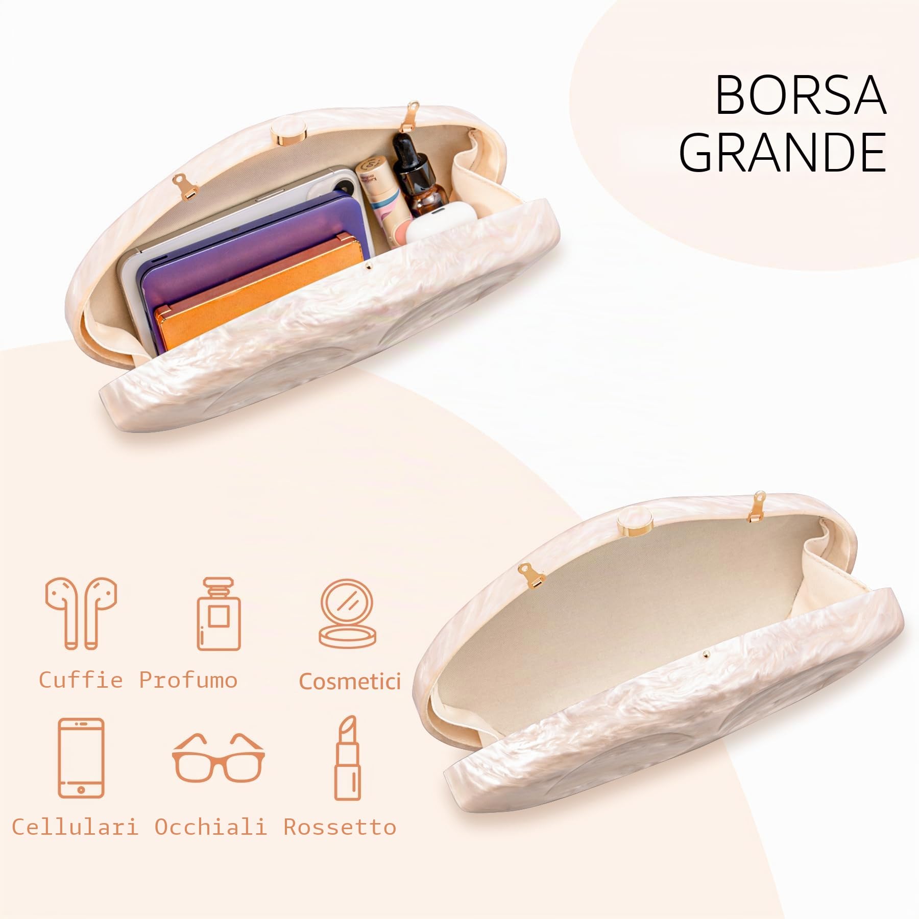 Larcenciel Pochette in Acrilico da Donna, Borsa Champagne a Forma di Conchiglia Irregolare con Catena Rimovibile, Elegante Borsa da Sera, per Feste di Nozze, Balli, Cocktail, 26,5x5 x13cm