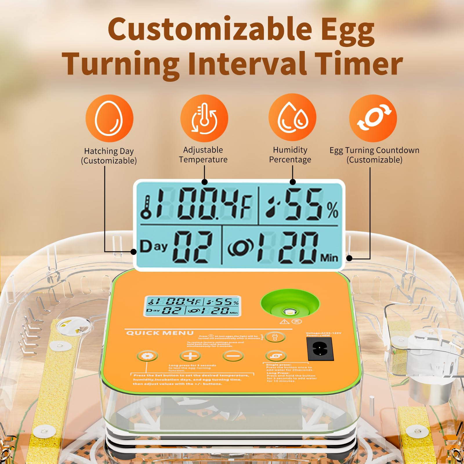 Incubatore per uova da cova, controllo della temperatura e dell'umidità, giorno di rotazione e incubazione delle uova automatico e regolabile, candela per uova integrata, incubatrice per uova da cova