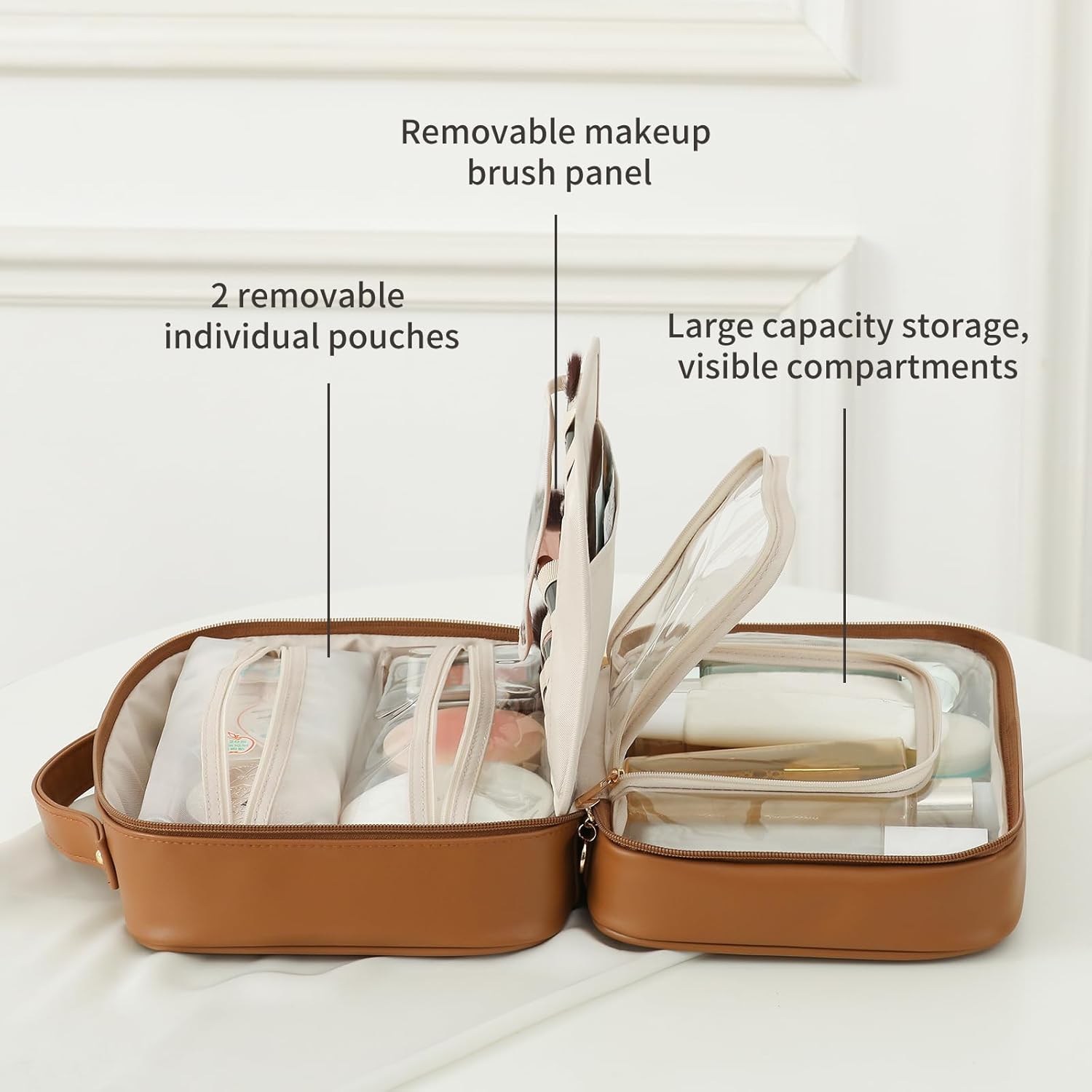 RIGHT AWAY Travel Toiletry Bag for Women, Makeup Bag& Cases, Waterproof Makeup Organizer Cosmetic Bag with Compartments,Portable Make Up Bag for Travel Size Toiletries,Skincare,Brushes Set,Brown