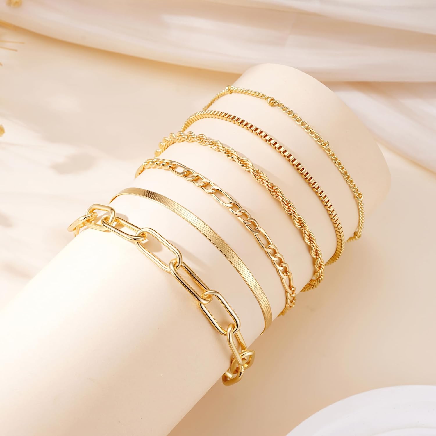 Mujahid 14K Gold Plated Bracelets for Women Waterproof, Jewelry Sets Trendy Thin Dainty Stackable Cuban Link Paperclip Chain Bracelet Pack Fashion Accessories Gifts for Womens - Image 7