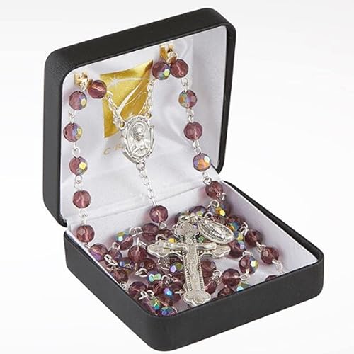 Miniatura 2 de Rosario de cuentas de vidrio pulido al fuego con amatista de corazón sagrado de Praga, rosario con centro de crucifijo, rosarios católicos para