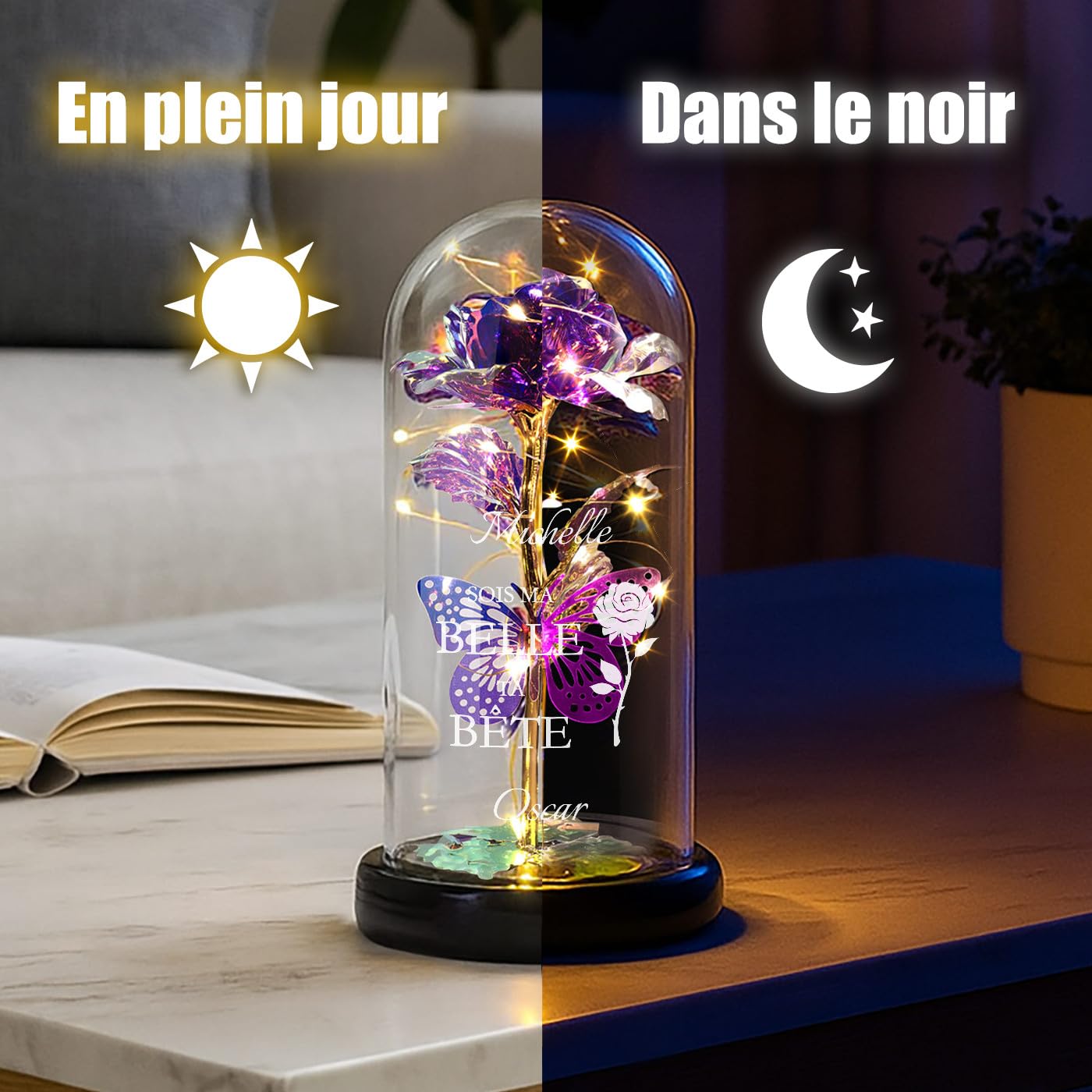 Maverton Rose Eternelle sous Cloche en Verre avec Personnalisation - Fleur Eternelle Cadeau Personnalisé 21x11 avec Lumière LED - Idee Cadeau Femme Anniversaire pour Elle Maman Mamie - Belle et Bête