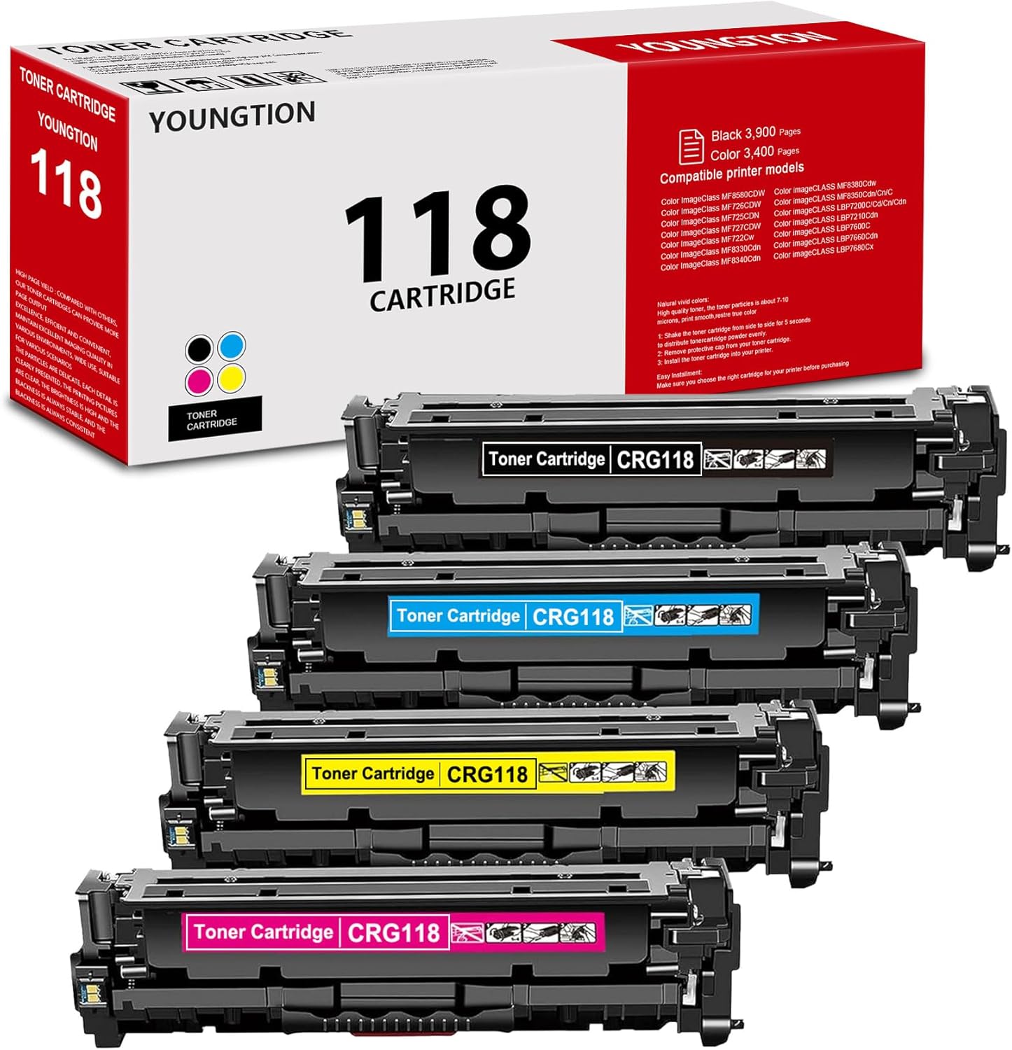 CRG-118 Toner Cartridges High-Yield 4-Pack(Black, Cyan, Magenta, Yellow) Compatible 118 Toner Replacement for Color imageCLASS MF8350Cdn MF8380Cdw Printer