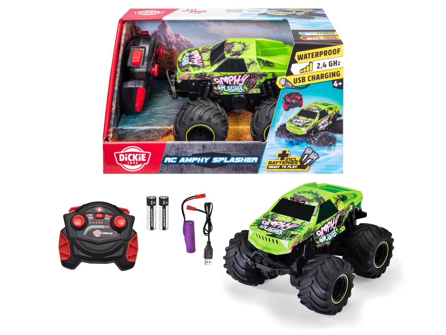 Dickie Toys – RC Amphy Splasher 18 cm, ferngesteuertes Amphibien Fahrzeug für Kinder ab 6 Jahren, 4x4 Antrieb, 360° Drehung, schwimmt im Wasser, mit Controller Akku USB Kabel, grün