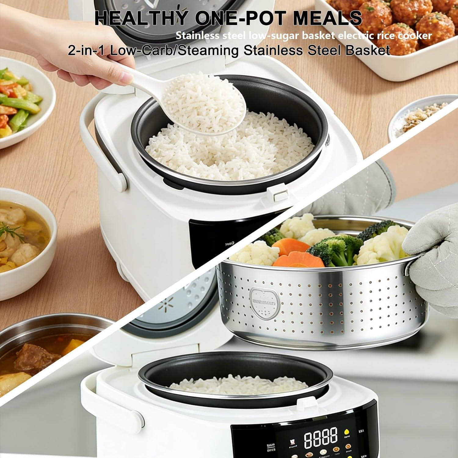 Portable Mini Stainless Steel Low Carb Rice Cooker,2L,6 Cups Cooked/3 Cups Uncooked,400W Non-Stick Rice Maker, 24 hours Timer Delay,10 Functions, Fast Cooker,Auto Keep Warm,White