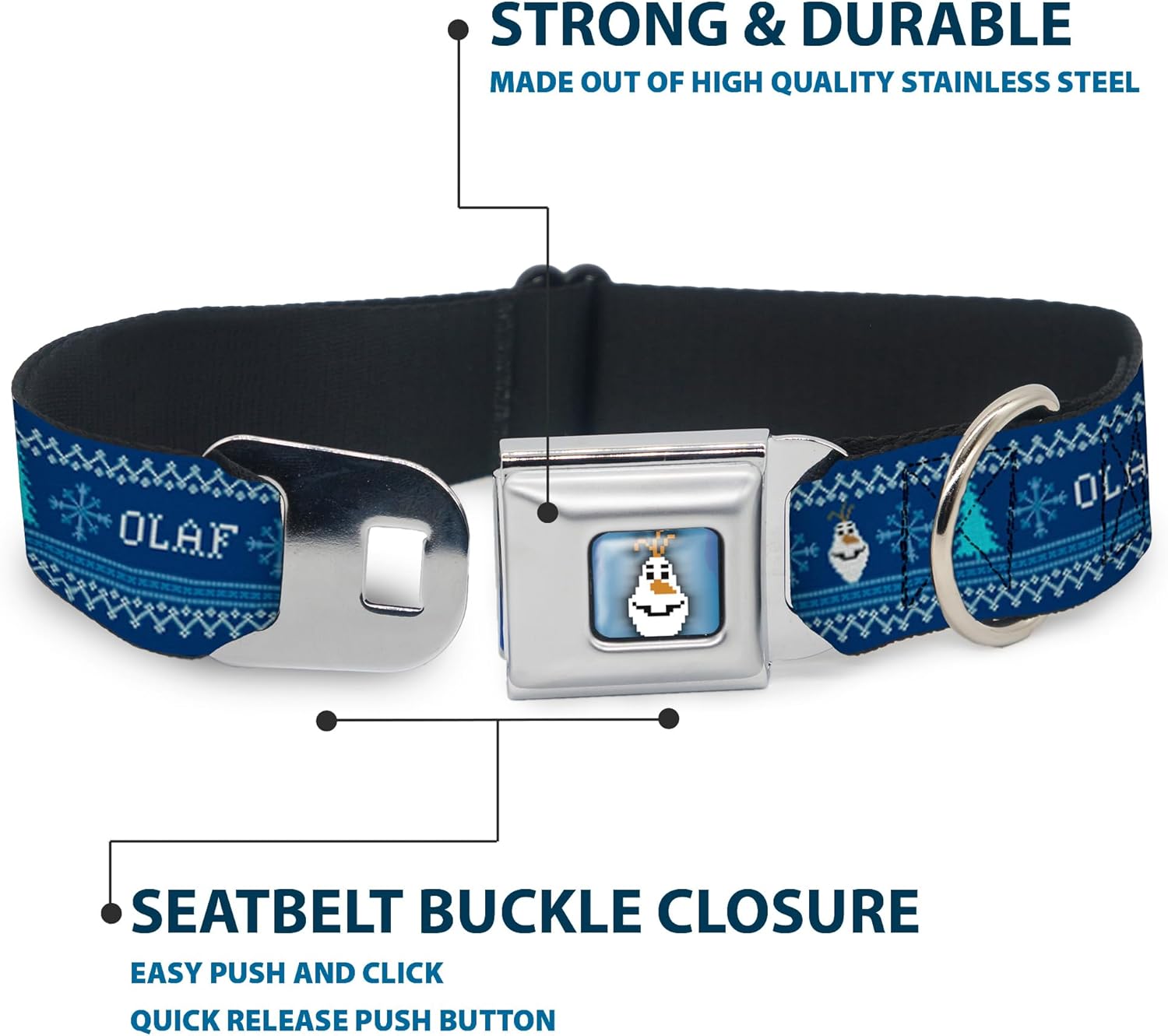 Buckle-Down Seatbelt Buckle Dog Collar - Olaf/Snowflakes Stitch Blues/White - 1.5" Wide - Fits 16-23" Neck - Medium