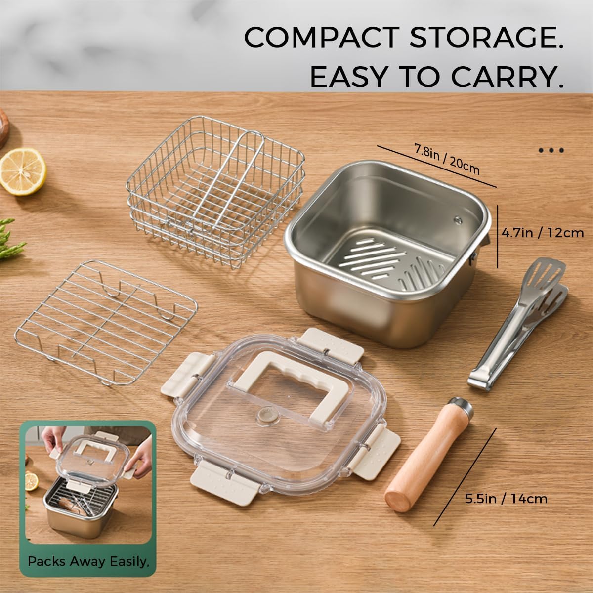 Stainless Steel Deep Fryer Pot with Basket - Compact Frying Pot with Lid, Square Muliti Fuctional Pot with Tong and Steamer Rack, All in one pot for frying steaming cooking and fresh-keeping