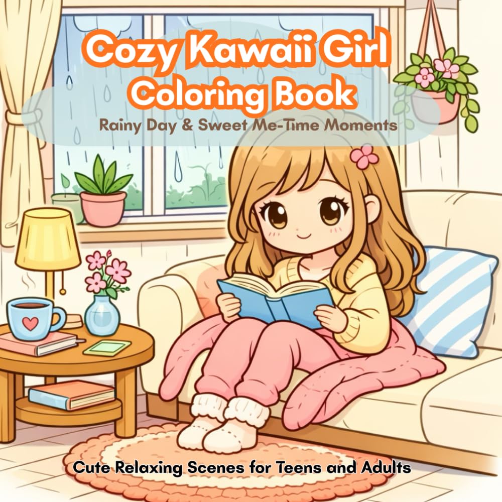 Cozy Kawaii Girl Coloring Book: Rainy Day & Sweet Me-Time Moments