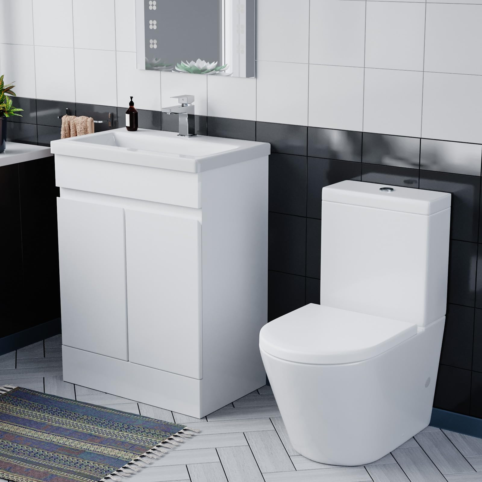 Nes Home Flat Pack 600mm Freestanding Gloss White Basin Vanity & Close Coupled Rimless Toilet