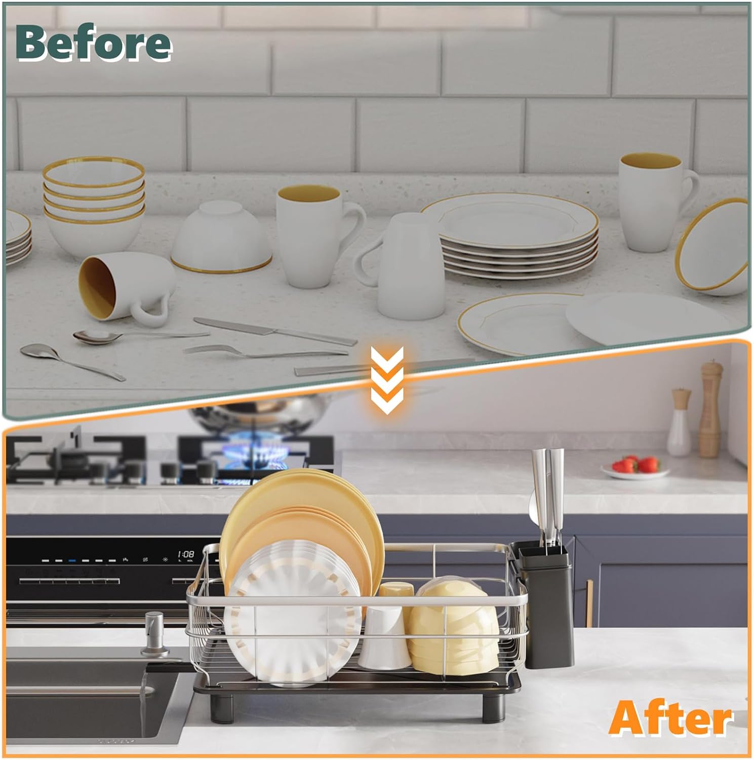 AIDERLY Stainless Steel Dish Drying Rack with Drainboard Dish Drainers for Kitchen Counter Extendable Spout Strainers with Utensil Holder and Knife Slots, Black