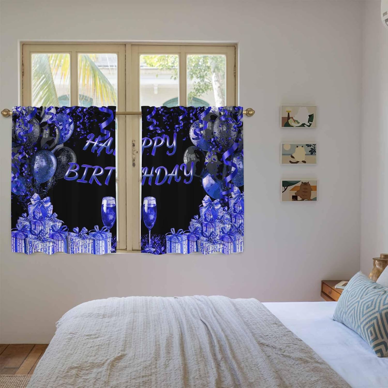 Happy Birthday Blue Kitchen Curtains, Gifts Balloons Goblet Glitter Ribbons Black Light Filtering Window Curtain, 2Pcs Rod Pocket Window Treatments Set for RV Dining Room Study Room 42x54 Inches