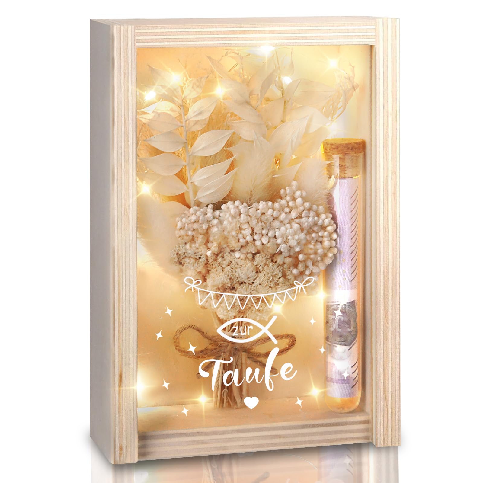 Taufe Geschenk, Geldgeschenk Taufe für Mädchen und Jungen, inklusive Getrocknete Blumen, Holzbox, Kunststoff Reagenzglas, Lichterketten, Geldgeschenke Verpackung (Beige)