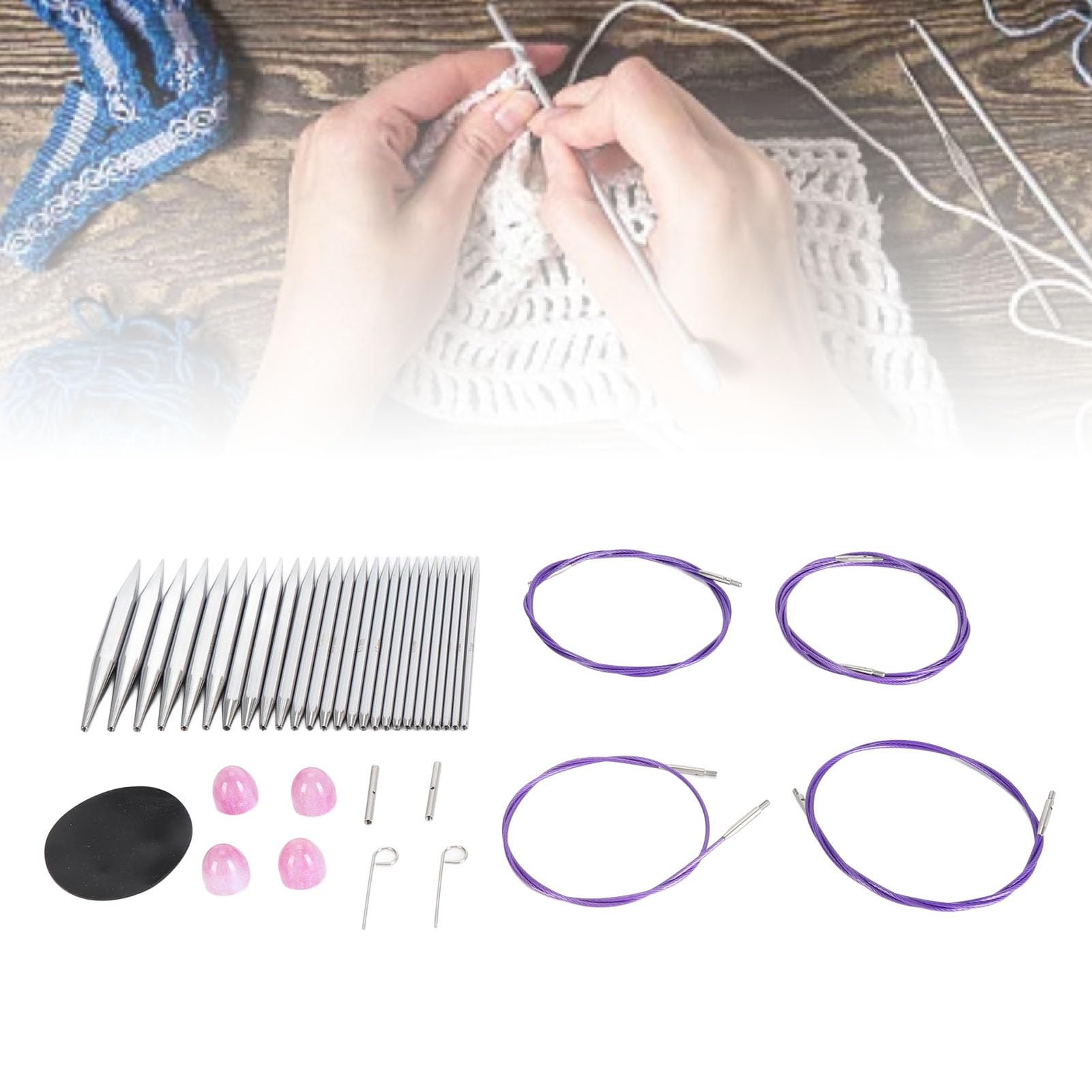 Vistreck Juego de 13 Pares de Agujas Tejer Circulares Intercambiables Ergonómicas con Cables 40-100 Cm para Tejer Cómodamente