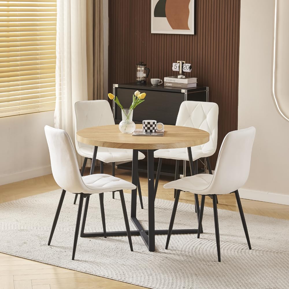 Pantanal 95cm Round Oak Wood Dining Table and White Velvet Chairs Set of 4, Modern 5 Pieces Compact Kitchen Table with 4 Elegant Argyle Grid Chairs for Dinette Restaurant Small Space