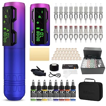 EZ Wireless Tattoo Gun Kit Complete 4.0mm Stroke Cordless Motor P2S Rotary Tattoo Machine Pen Kit & 100Pcs Revolution Tattoo Cartridge Needles Assorted 3RL 5RL 7RL 5RS 7RS 7M1 9M1 11M1 9CM