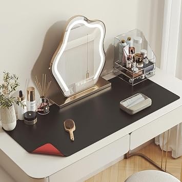 DAWNTREES Makeup Mat for Vanity,27.6"x13.8",Dual-Sided Leather Vanity Mat, Waterproof Oilproof & Easy to Clean, Black Desk Protector for Dressing Table