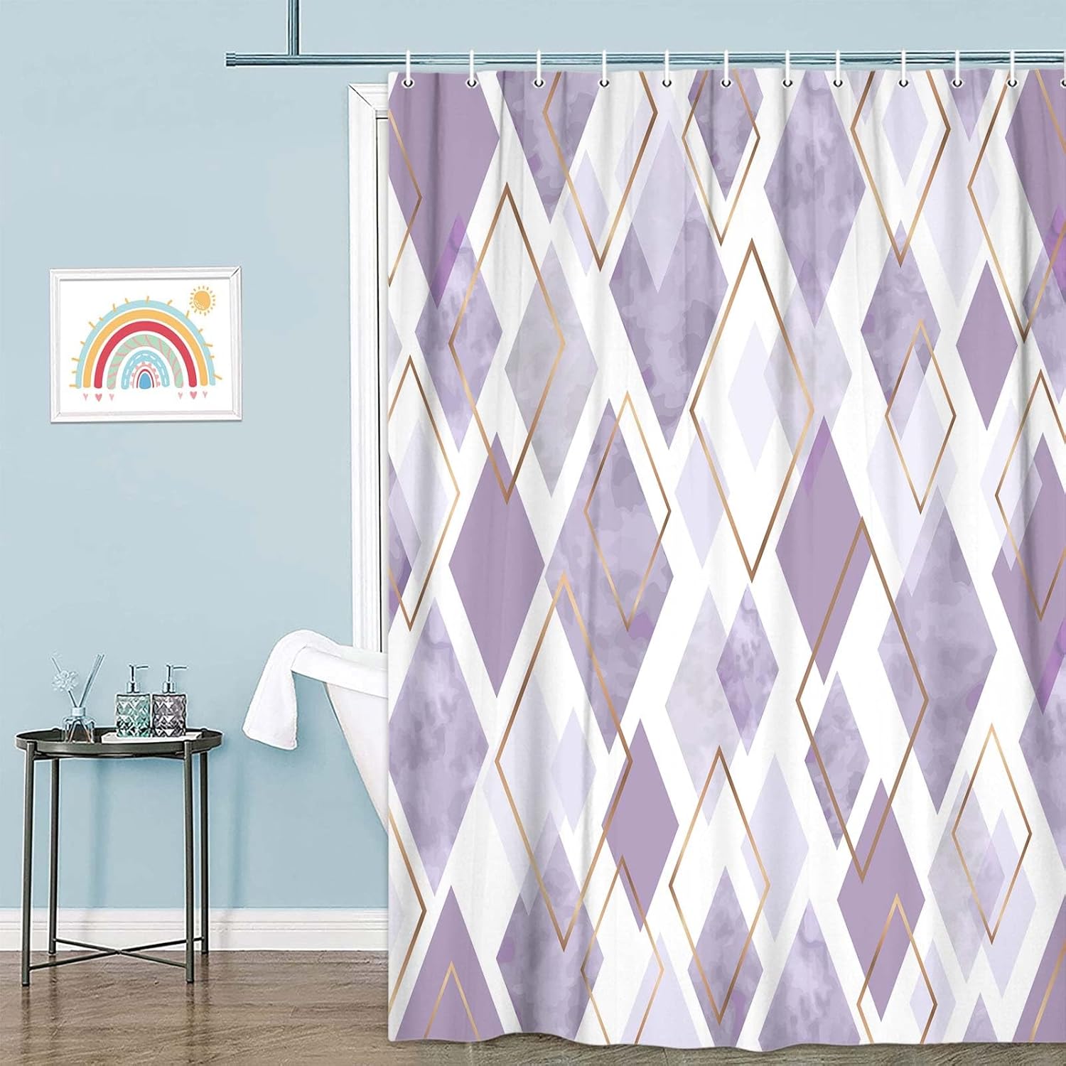 Purple Shower Curtain, Modern Abstract Geometric Purple and Gold Diamond Pattern Print Art Decor Shower Curtains for Bathroom, Waterproof Lavender Bath Curtain Set with Hooks,72X75IN
