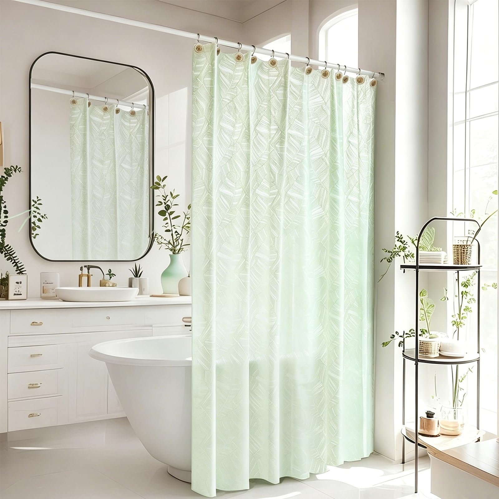 Générique Rideau de Douche EVA léger Semi-Transparent, Rideaux de Bain étanches avec Motif Feuilles, Nettoyage Facile