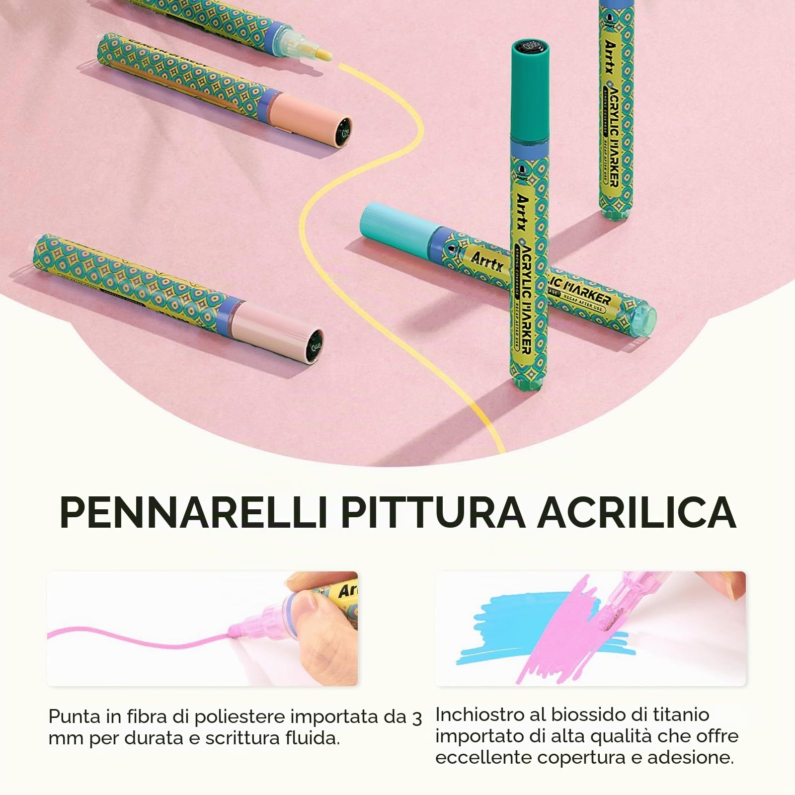 Arrtx Pennarelli acrilici 48 colori, 3 mm, colore medio, atossico, ad asciugatura rapida per rock painting, legno, ceramica, tessuto, vetro, tela, plastica, metallo, pietra, fai da te