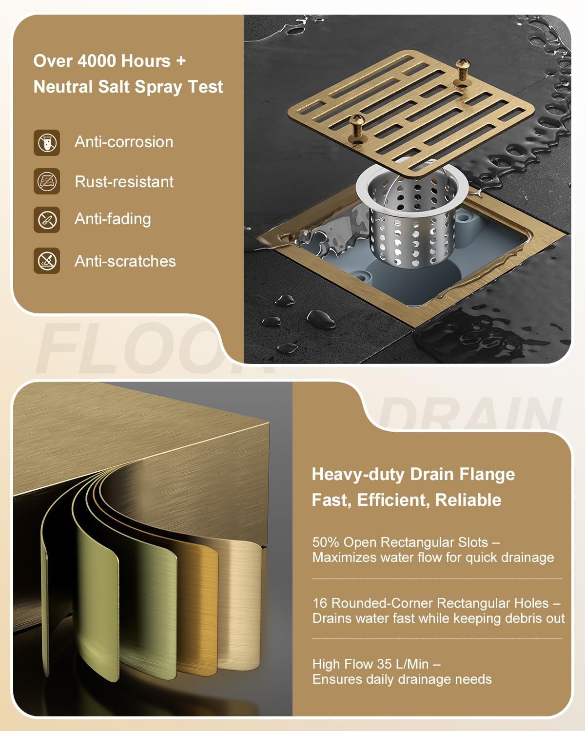 4 Inch Tile-in Square Champagne Bronze Shower Drain, Replace Delta Shower Drain, Shower Floor Drain Champagne Gold Lifetime Free Replacement