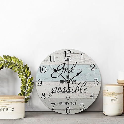 Miniatura 2 de Reloj con texto en inglés "with God All Things", reloj de pared con versículo bíblico, cita religiosa, reloj de madera, estilo cristiano,