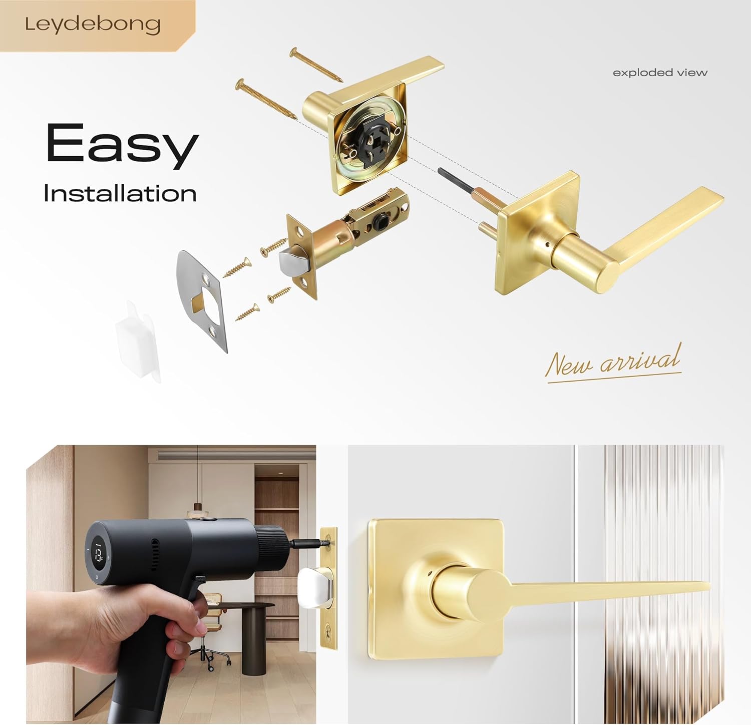 Leydebong 2 Pack Passage Door Levers Square Hall Closet Handles, Interior Non-Locking Lever Sets, Reversible for Right & Left Side, Sleek Door Knobs