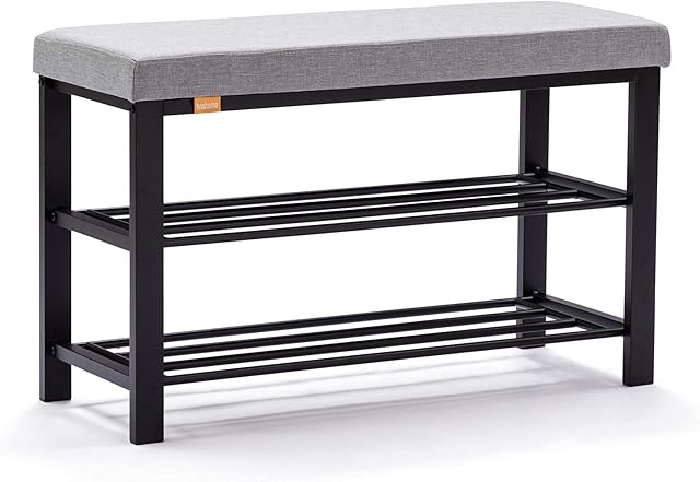 HNNHOME Canopus Shoe Bench,3-tier Shoe Rack Shelf Organiser with Padded Cushion Seat, Steel Frame, for Entryway Hallway Living Room Industrial Accent Furniture 81x32xH50cm (Light Grey, Linen)