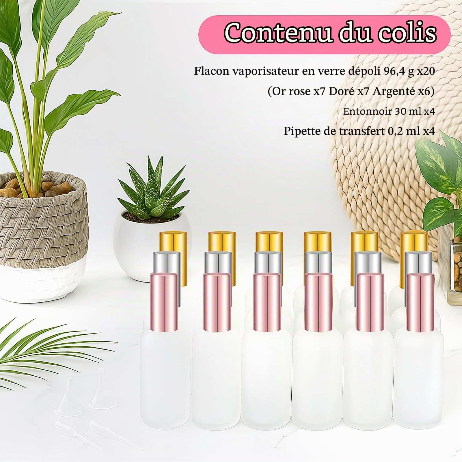 Lot de 20 flacons pulvérisateurs vides en verre de 100 ml avec brume fine, design givré, rechargeables, pour voyage, parfum liquide, articles de toilette, bouteilles de toner