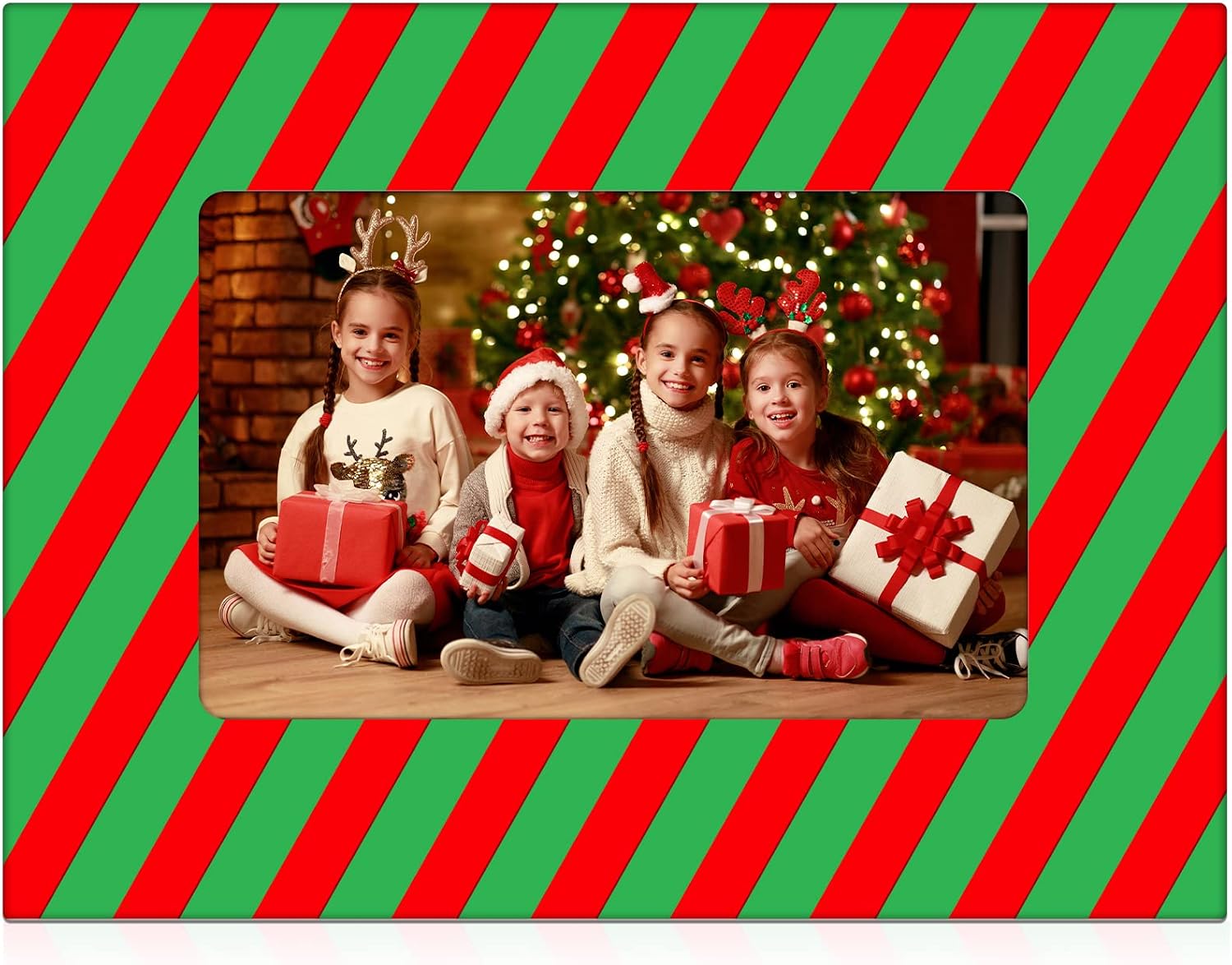 party greeting Christmas Picture Frame 4x6 Christmas Ceramic Photo Frame Decorations Holiday Christmas Xmas Gifts Vertically or Horizontally Suitable for Desktop Use (Red and Green Stripe)