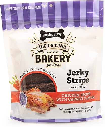 Three Dog Bakery From Our Kitchens - Tiras de filete carnoso sin granos, sabor pollo con zanahorias, golosinas prémium para perros, paquete