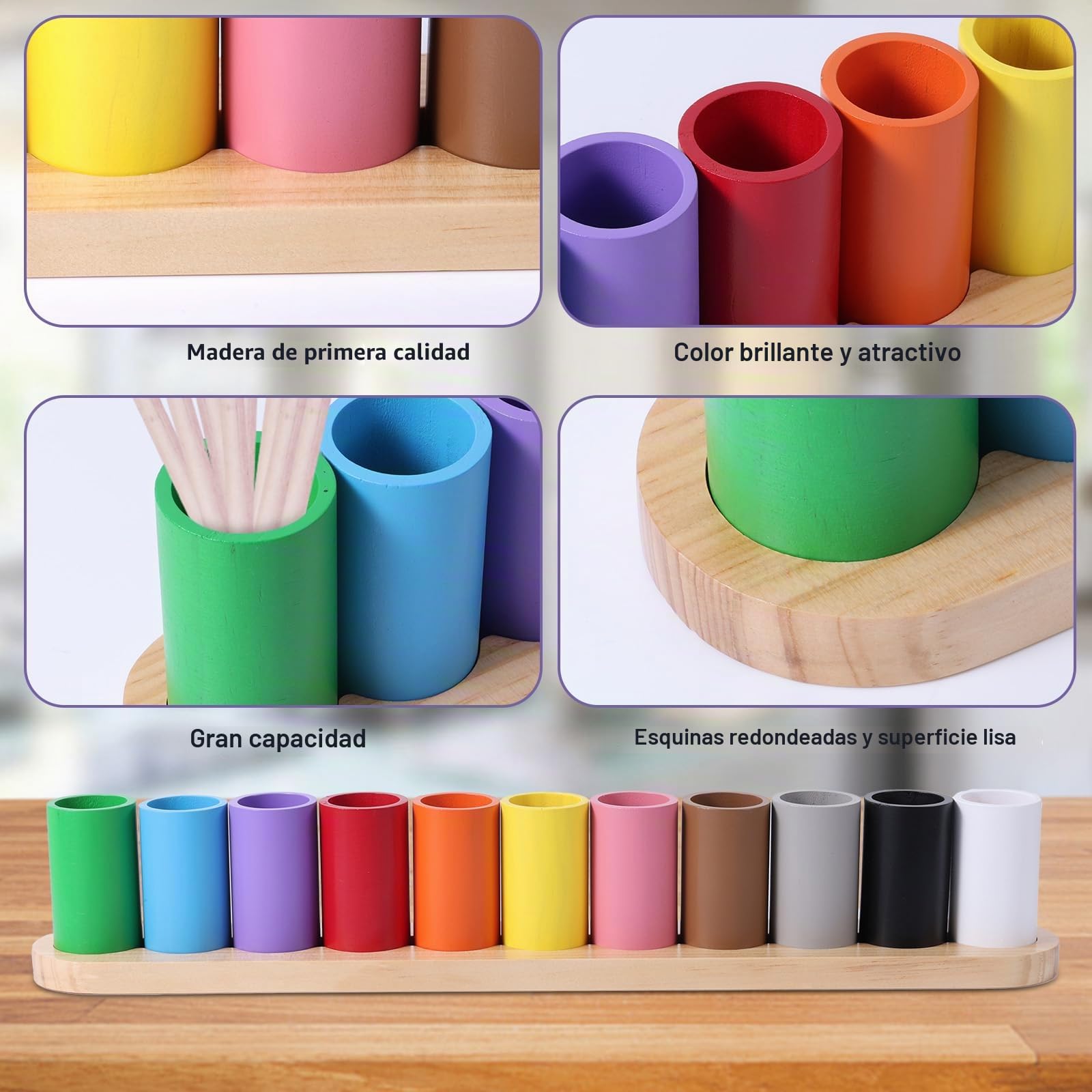 Portalápices de Madera de Colores, Organizador de Crayones Montessori 11 Compartimentos Móviles Soporte para Vasos Bolígrafos Soporte para Marcadores para Niños Oficina Escuela Suministros