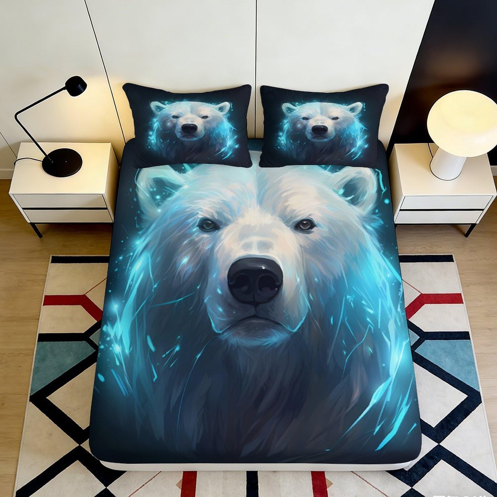 3D Printed Arctic Polar Bear Fitted Sheet Microfiber Soft Anti-Slip Blue Bed Cover for Bedroom Guest Room Decor 90x200x25cm