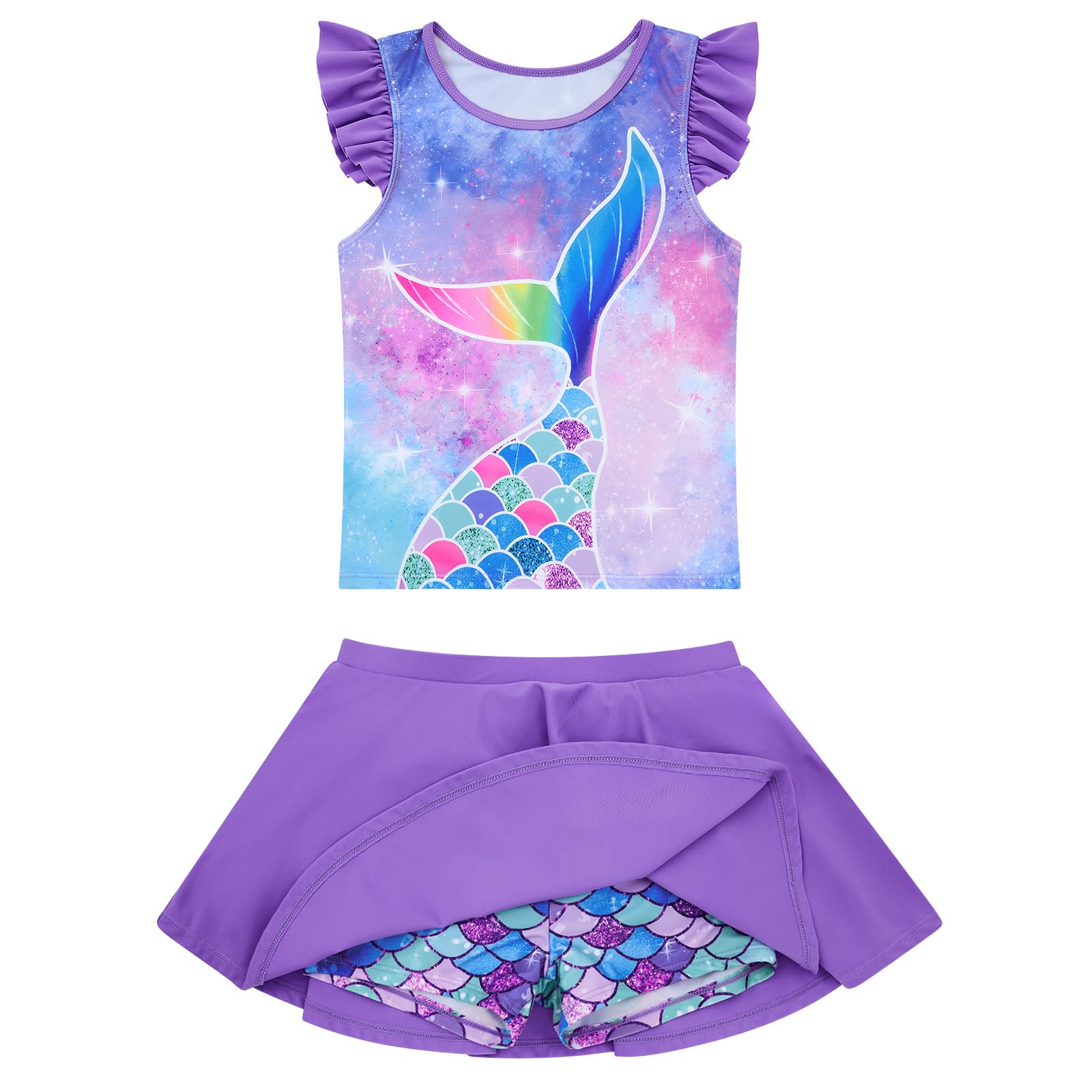 Girls Swimsuit 2 Piece Ruffle Bathing Suit UPF 50+ Tankini Swimsuit Skirt with Lining Size 3-10