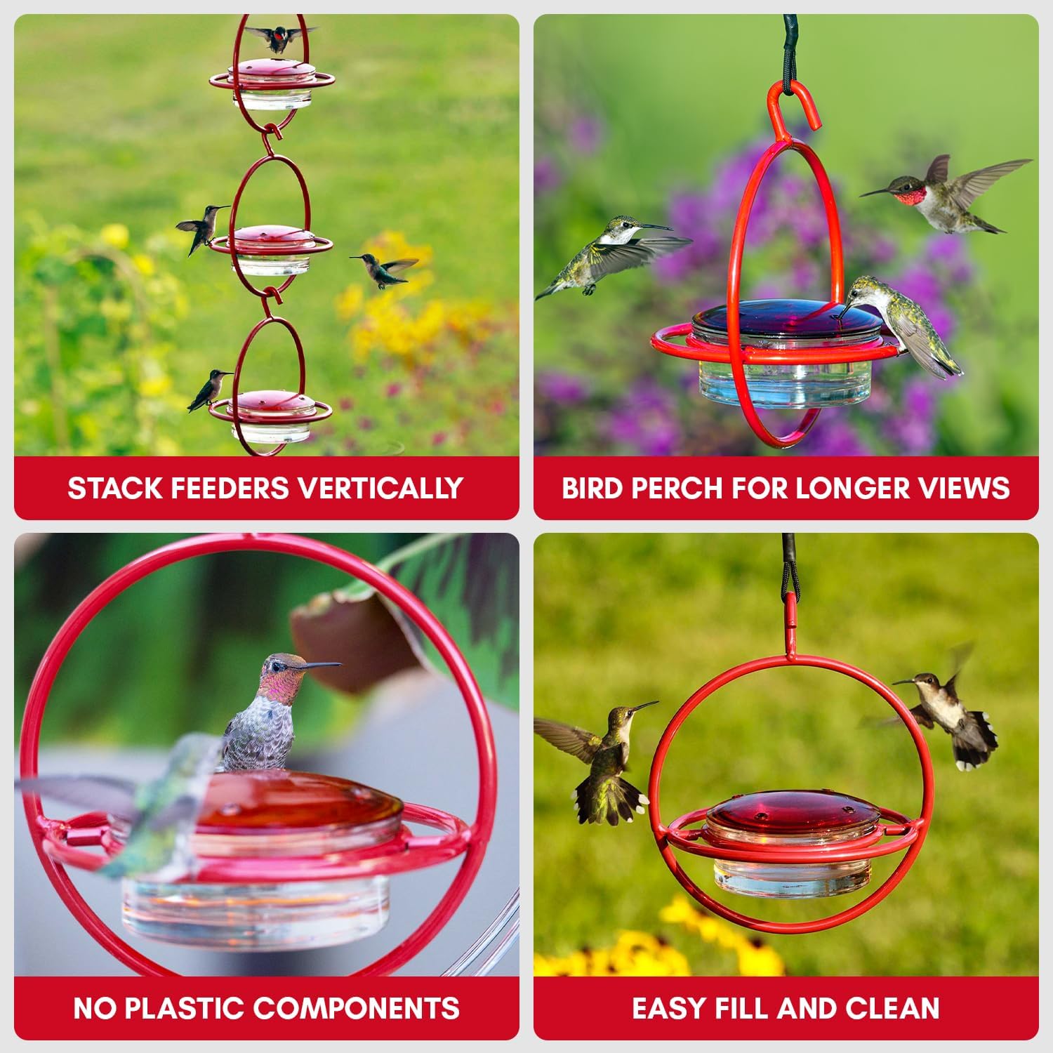 Hummingbird Feeder for Outdoors Hanging, 3.4 OZ Hummingbird Feeders, Glass Bowl with 4 Feeding Ports, Leak Proof Lid & Circular Perch, Bird Feeder (1, Red) - Image 5