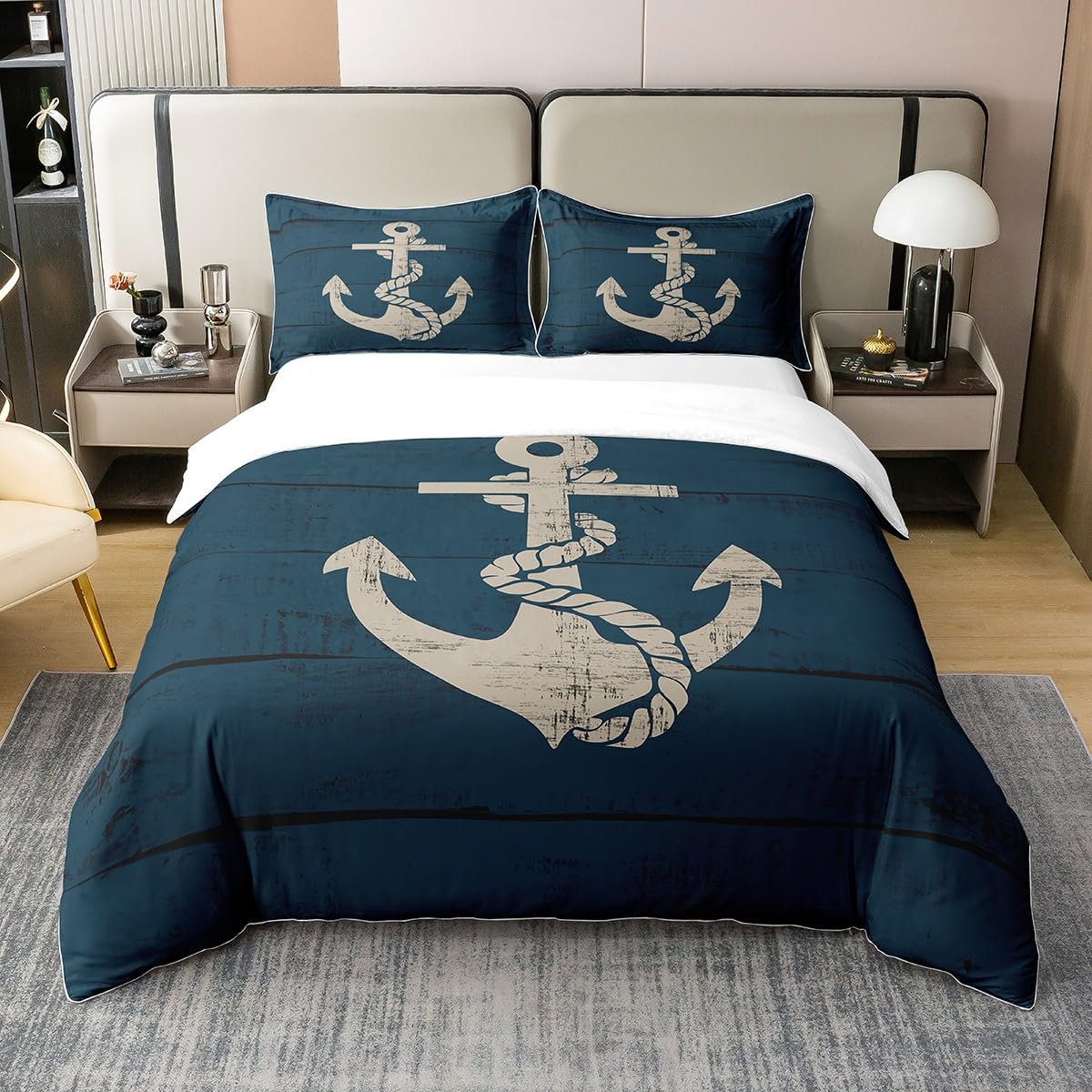 Parure de lit 220x240cm motif ancre marine coton housse couette enfants océan voyage