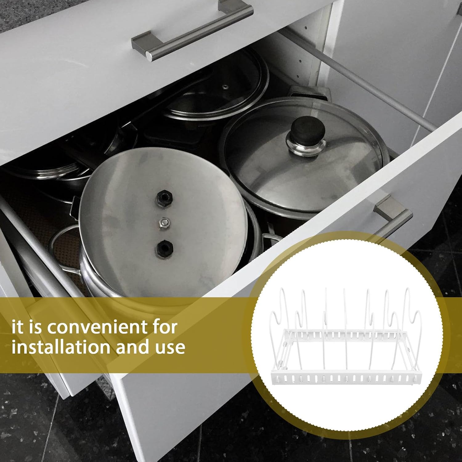 Adjustable Expandable Pot Lid Organizer Rack for Kitchen Cabinet, Multilayer Iron Pan and Pot Holder with Stable Support, Sleek White Bakeware and Cutting Board Storage