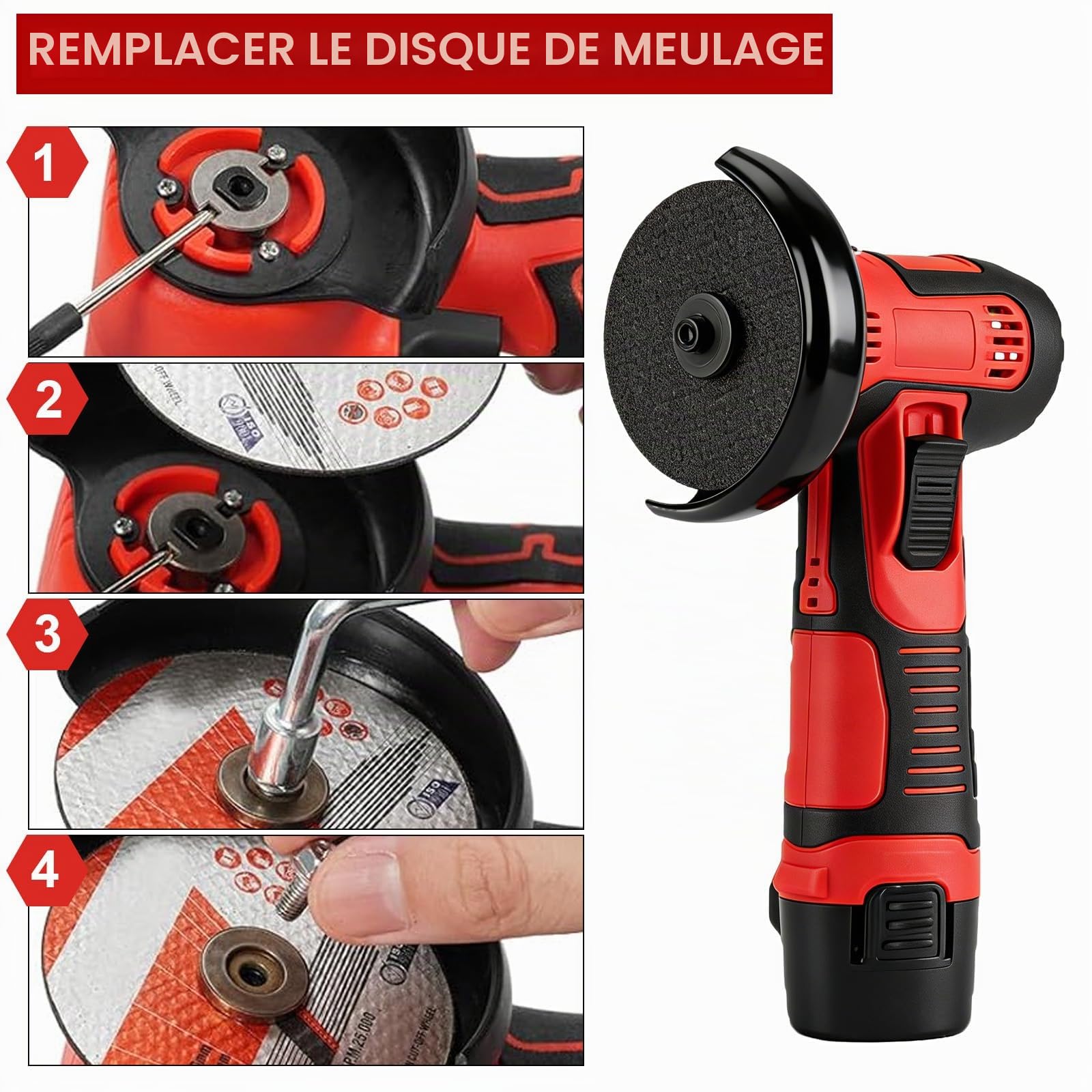 Mini meuleuse d'angle avec 2 batteries de 1200 mAh, meuleuse d'angle professionnelle sans fil, meuleuse d'angle avec 6 disques à tronçonner, pour couper, polir, poncer et dérouiller