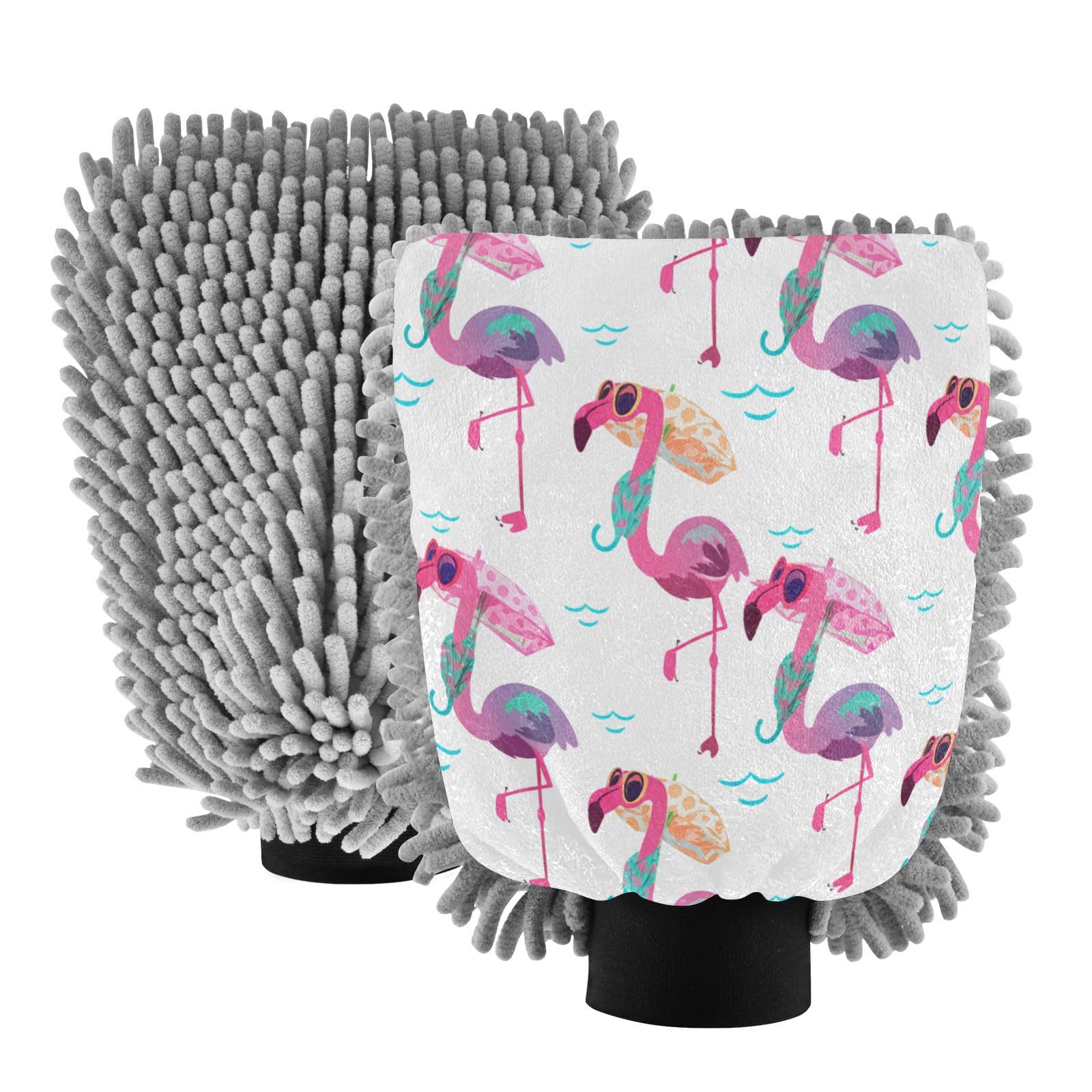 STAYTOP Flamingo Car Wash Mitt Microfiber, 2Pcs Scratch Free Lint-Free, Premium Chenille Microfiber Mitt Car Wash Brush-L
