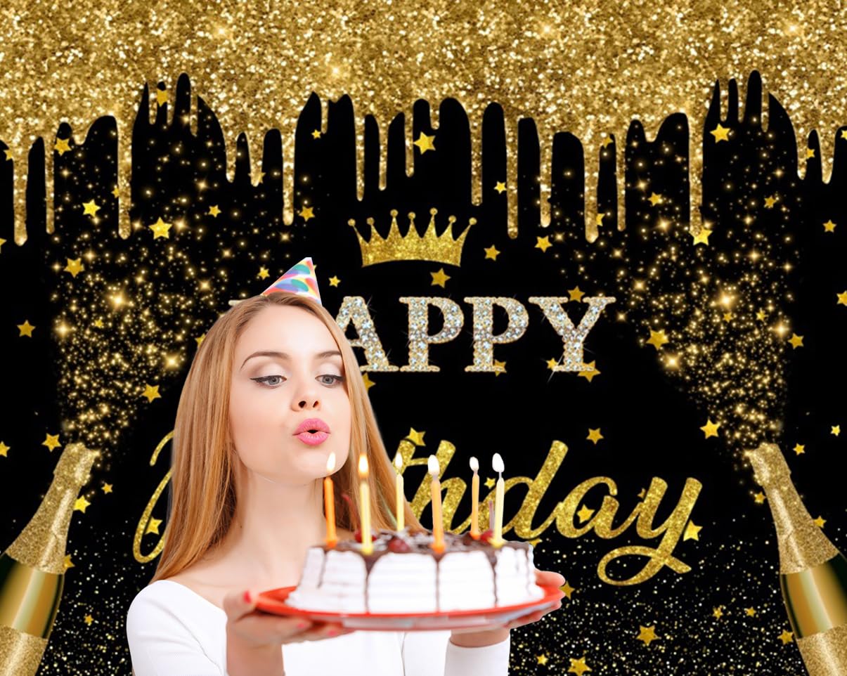 Pancarta de fondo de feliz cumpleaños de 10 x 8 pies con purpurina negra y dorada, fondo de fotografía de feliz cumpleaños, pancarta de feliz cumpleaños para hombres y mujeres, telón de fondo de