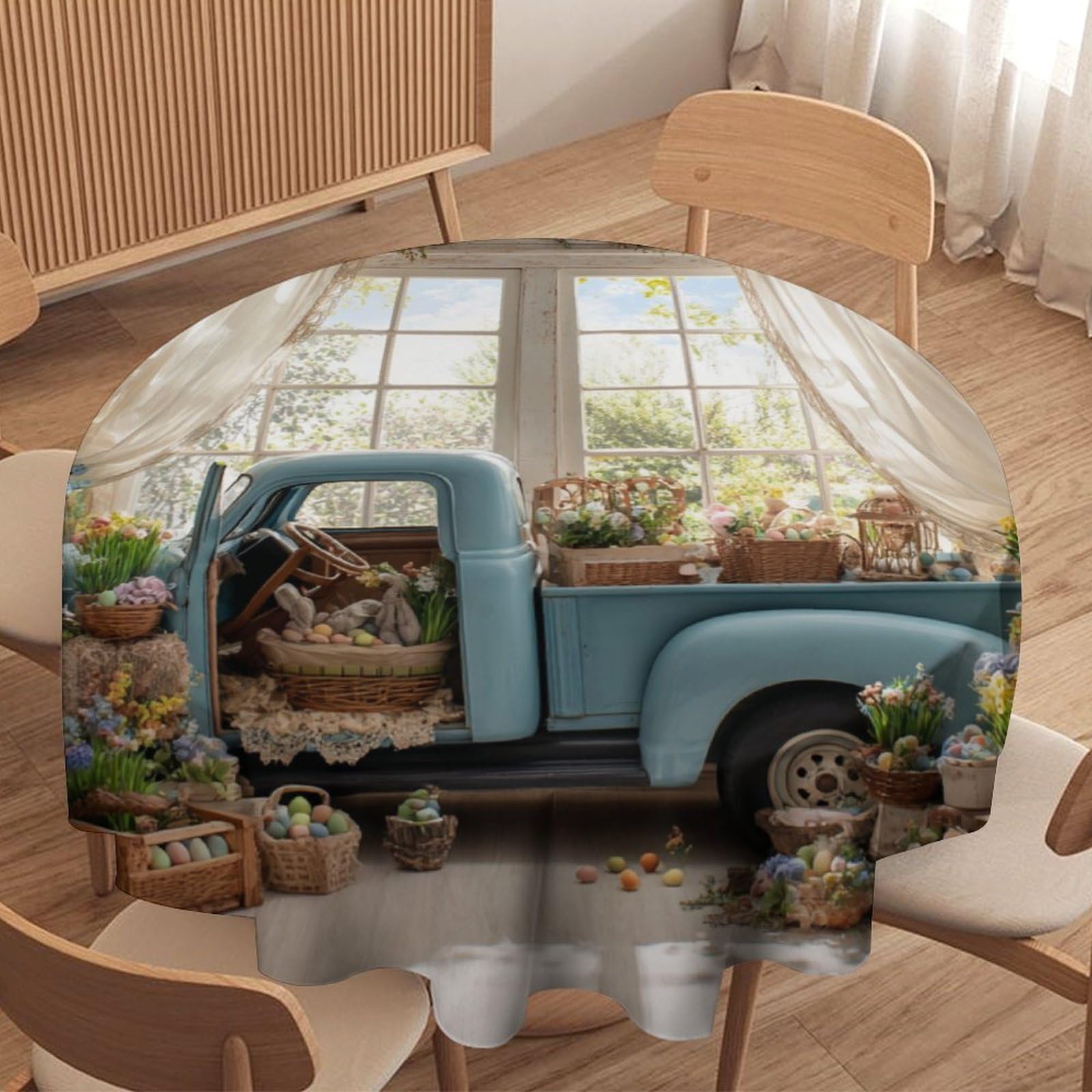 LUYYSKY Fantasy Colorful Easter Eggs Round Tablecloth Beautiful Rustic Spring Flowers Blue Truck Pattern Washable Decor for Table Cover for Kitchen-177.8" Wx177.8 L cm