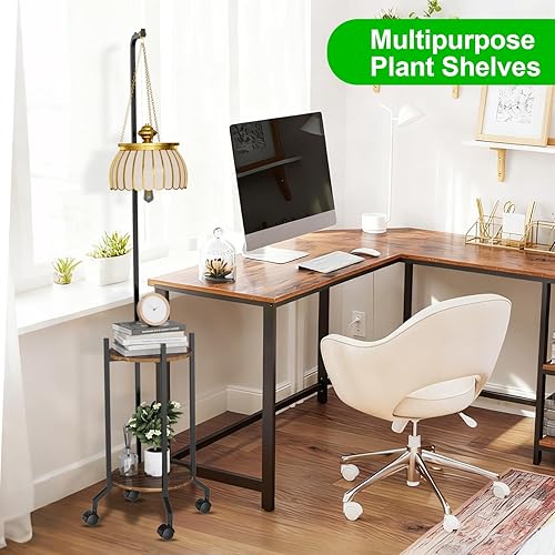 Miniatura 8 de Soporte para plantas de interior, estante alto colgante de 2 niveles con ruedas, soporte de 3 esquinas para flores, soporte de metal para plantas,