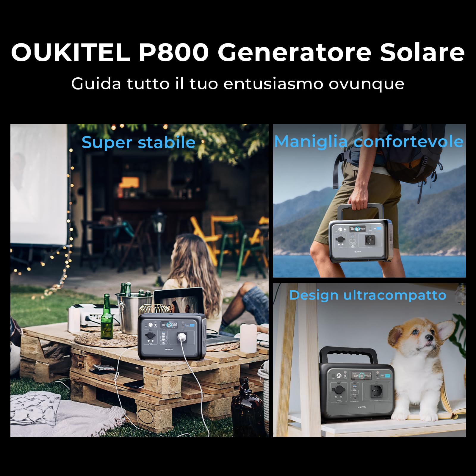 OUKITEL P800 Centrale Elettrica Portatile 800W(1600W picco) con Pannello 100W, Batteria LiFePO4 512Wh, Stazione di Energia Portatile, Ricarica Rapida per Campeggio