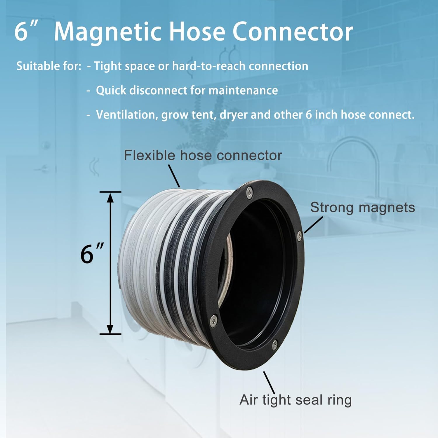 6" Magnetic Hose Connector, Quick Snap Coupler for Tight Space and Hard-to-reach Spot, Suitable for Grow Tent, HVAC Ventilation, Dryer and Other 6" Hose Connection Project，Come with Wire Hose Clamps