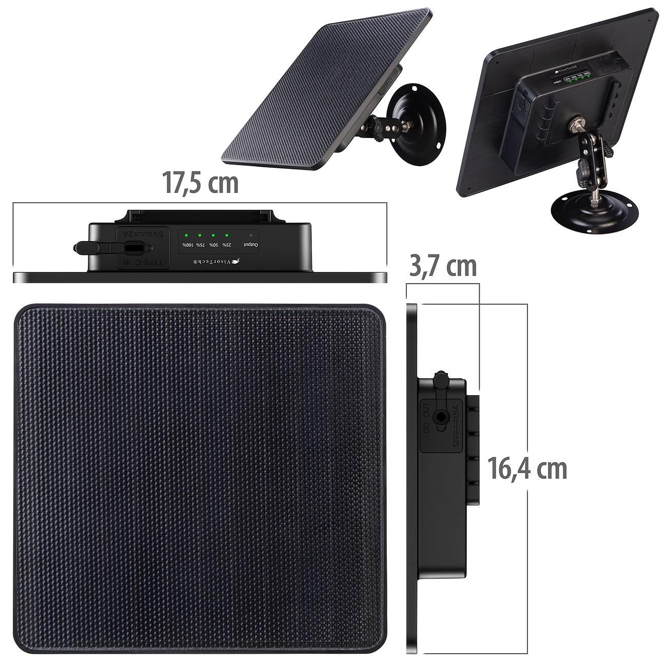 VisorTech Pannello Solare con Batteria Integrata 10.400 mAh per Fototrappole e Telecamere Outdoor, 5-6 V, IP67
