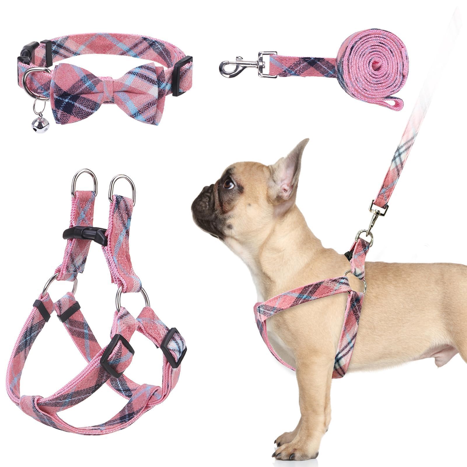 BINGPET Dog Harness Collar Leash Set,Adjustable No Pull Escape Proof Small Dog Harness,Classic Plaid Puppy Harness and Leash Set for Small Medium