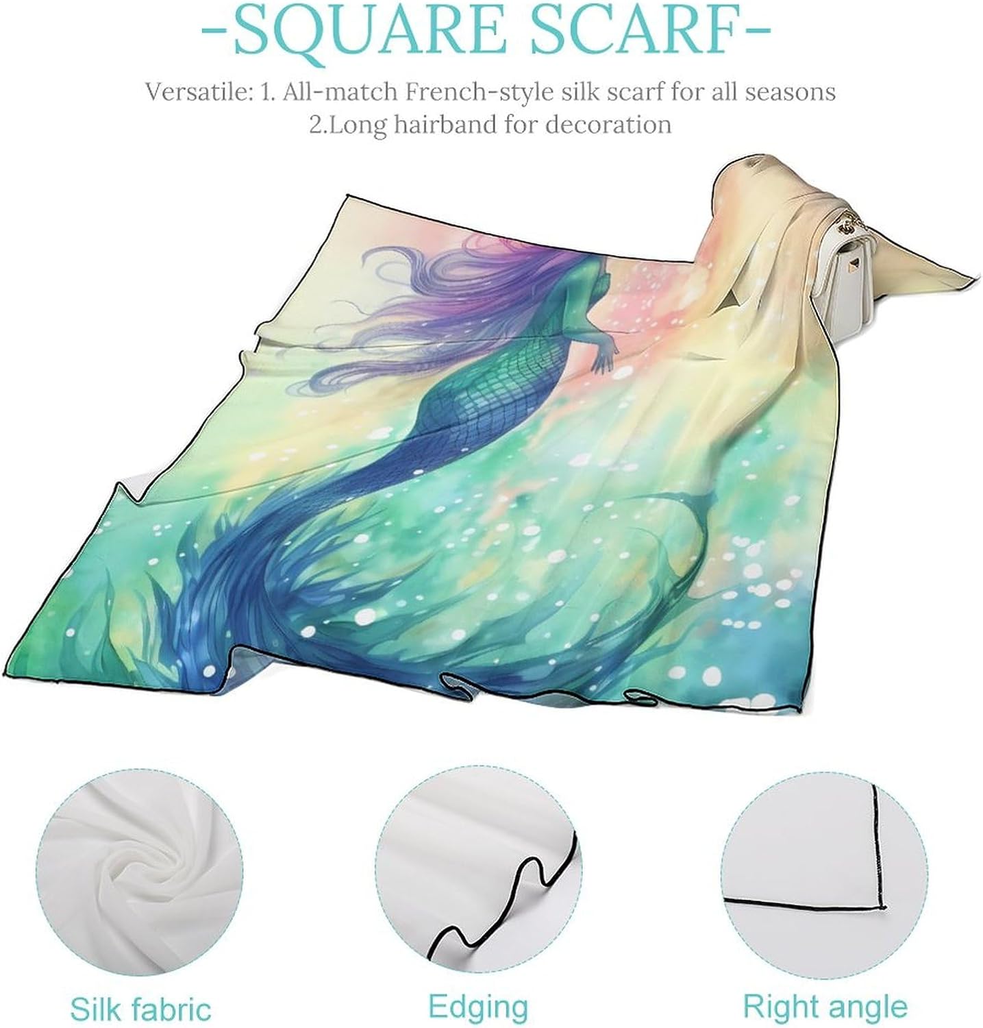 Stylish Beautiful Mermaid Tail Printed Silk Scarves for Men & Women - Fashion Neck Warmer, Windproof Face Scarf. 27x27 Inches.