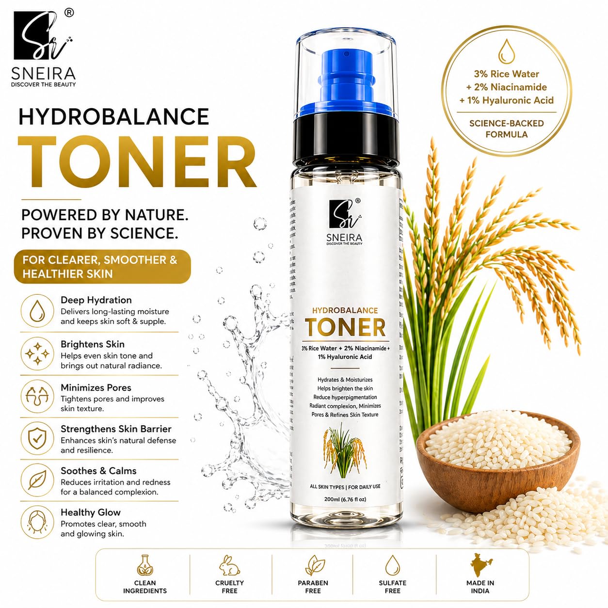 Hydrobalance Face Toner - 300ml Hydrating Face Mist with 3% Rice Water, 2% Niacinamide & 1% Hyaluronic Acid for Glowing Skin - Daily Facial Toner for Men & Women