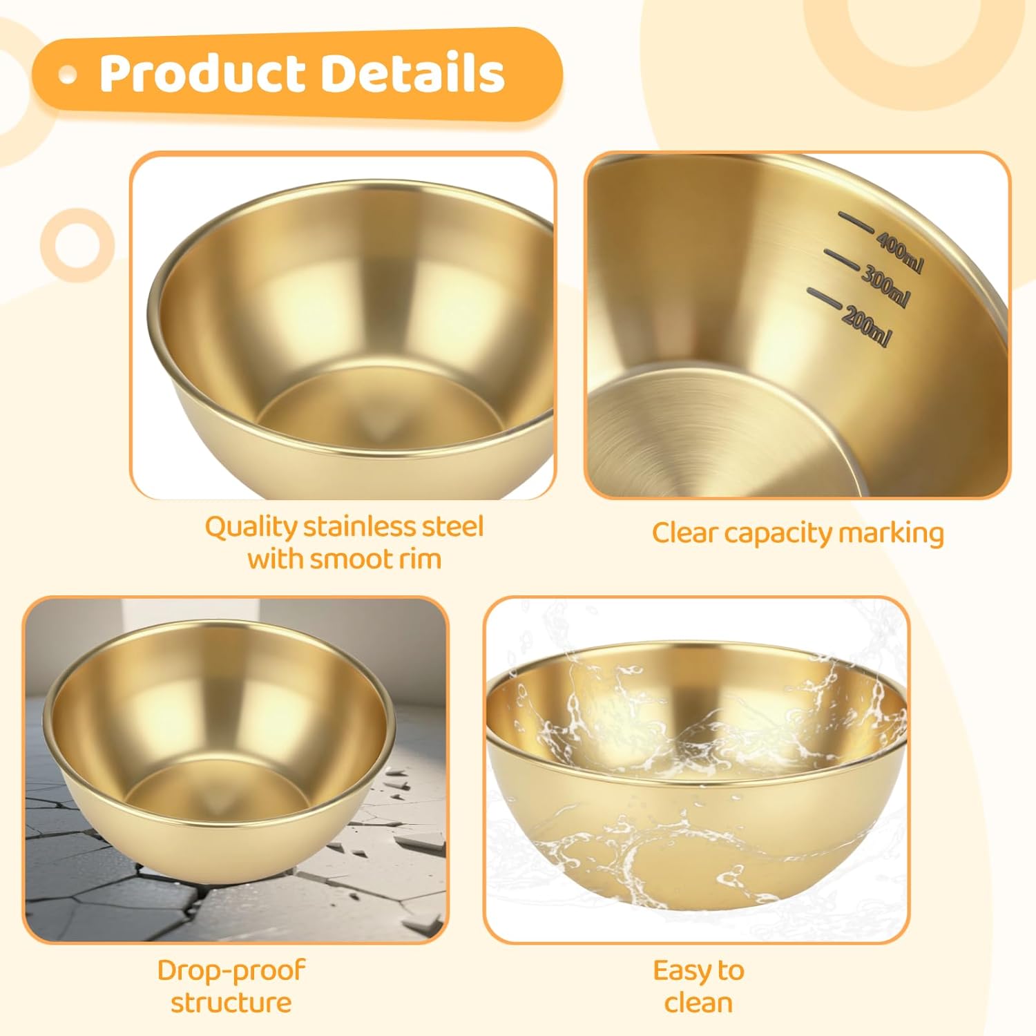 10 Pcs Gold Stainless Steel Bowls, 13.5 Oz Mixing Bowls, Metal Serving Bowls For Cereal Rice