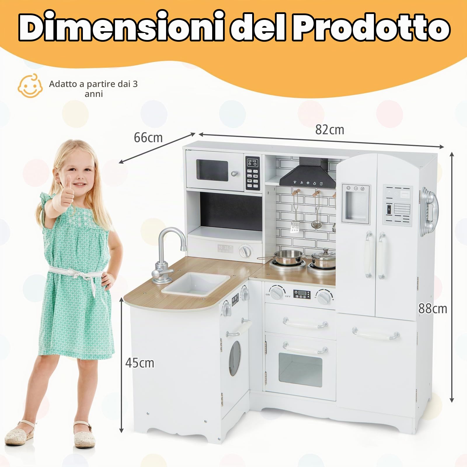 HOMASIS Cucina per Bambini con Suoni, Giocattolo con Lavandino, Fornello, Forno, Frigorifero, Legno ad Angolo per Età 3+ Anni (82 × 66 × 88 cm)